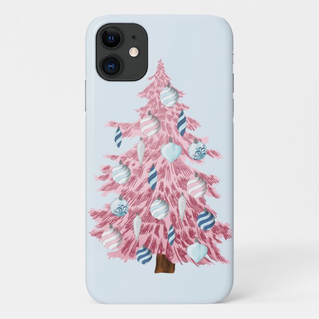 Funda De Case-Mate Para iPhone Árbol festivo de Navidad rosa (Reverso)
