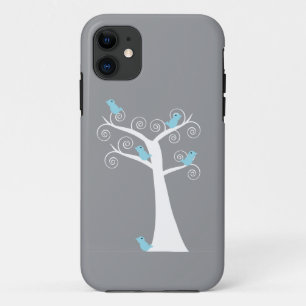 Funda Para iPhone 11 Árbol gris con pájaros azules caprichosos