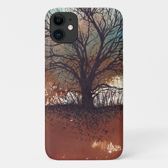 Funda De Case-Mate Para iPhone Árbol negro de tinta única sobre fondo acuarela (Reverso)