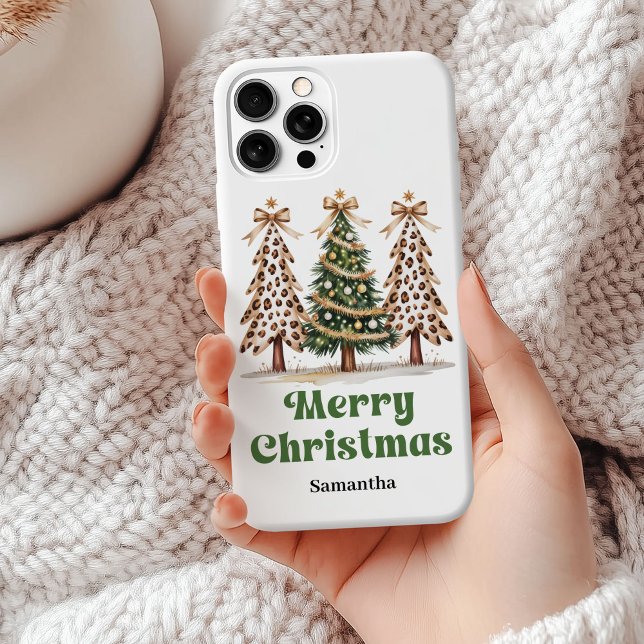 Funda De Case-Mate Para iPhone Árboles de Navidad caprichosos personalizados con  (Whimsical Christmas trees leopard personalized phone case)