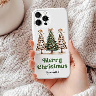 Funda Para iPhone 15 Mini Árboles de Navidad con estampado de leopardo único