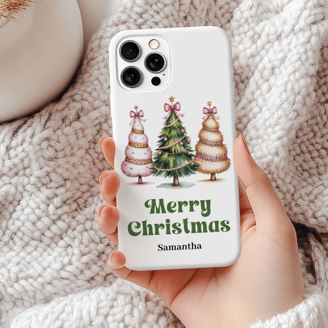 Funda De Case-Mate Para iPhone Árboles de Navidad con leopardo personalizados con (Playful leopard Christmas trees custom name phone case)