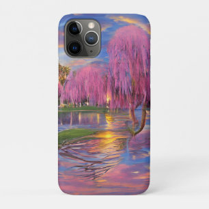 Funda Para iPhone 11 Pro Árboles frutales rosas al atardecer junto al estan