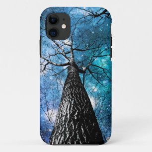 Funda Para iPhone 11 Árboles invernales Cielos de galaxia turquesa