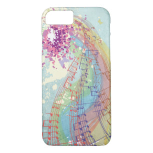 Funda Para iPhone 8/7 Arcoiris retro y notas musicales sobre una textura