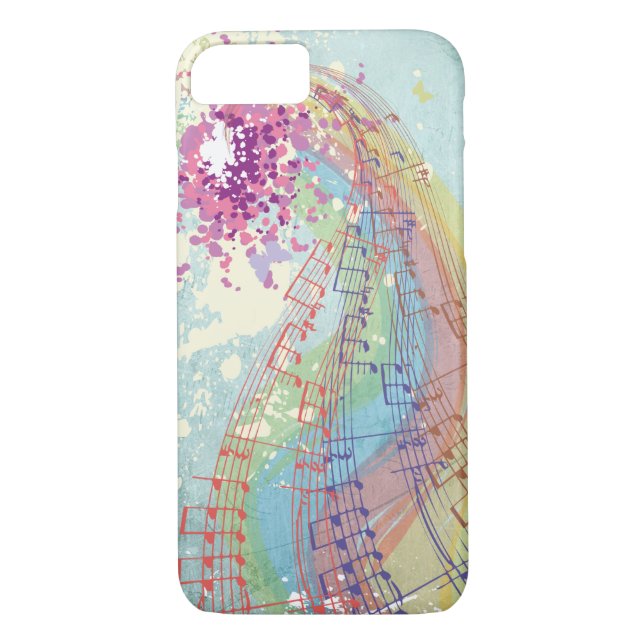 Funda De Case-Mate Para iPhone Arcoiris retro y notas musicales sobre una textura (Reverso)