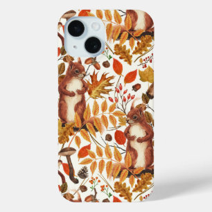 Funda Para iPhone 15 Ardillas otoñales y flora otoñal en blanco roto