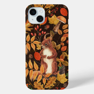 Funda Para iPhone 15 Mini ardillas y flora otoñales en marrón oscuro