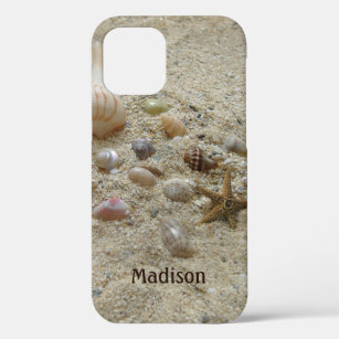 Funda Para iPhone 12 Arena de playa y conchas marinas agregan tu nombre