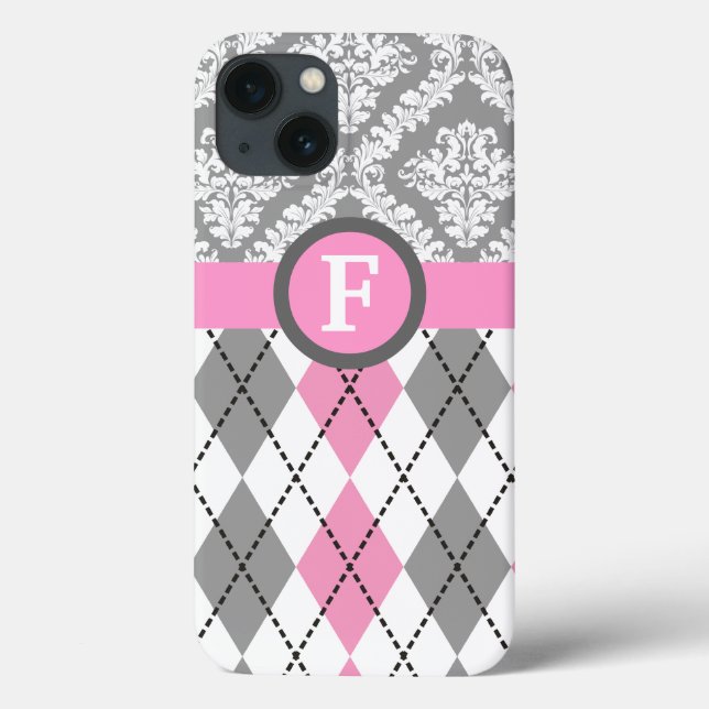 Funda De Case-Mate Para iPhone Argyle y el damasco modelan el monograma rosado, (Reverso)