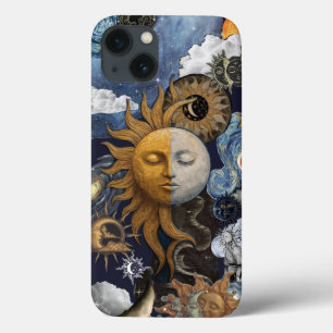 Funda Para iPhone 13 Armonía Celestial: Collage Vintage de Sol y Luna