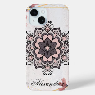Funda Para iPhone 15 Armonía de arte floral de Rangoli, color rosa y gr