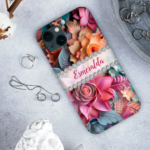 Funda Para iPhone 13 Arreglo de flores vibrantes 3D, marco de diamante