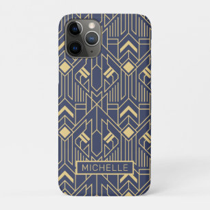 Funda Para iPhone 11 Pro Art Deco Azul Dorado Geométrico Nombre Personaliza