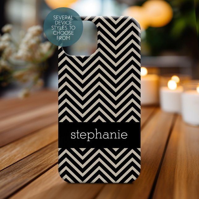 Funda De Case-Mate Para iPhone Art Deco Chevrons Beige y Black Custom Name (Personalized Phone Case)