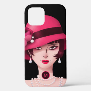 Funda Para iPhone 12 Art Deco Glam Lady Monograma Rosa Negro inicial