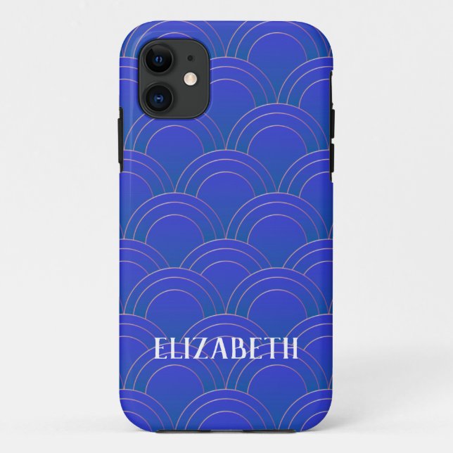 Funda De Case-Mate Para iPhone Art Deco Gold Blue Name Personalizado (Reverso)
