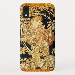 Funda Para iPhone XR Art nouveau alphonse mucha mujer floral dorado neg