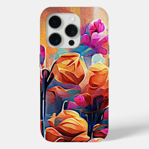 Funda Para iPhone 15 Pro Arte abstracto floral naranja rojo flores azules