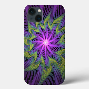 Funda Para iPhone 13 Arte abstracto fractal moderno de flor verde púrpu