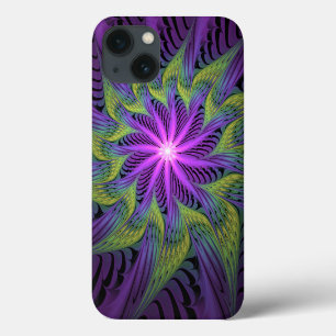 Funda Para iPhone 13 Arte abstracto fractal moderno de flor verde púrpu