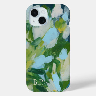 Funda Para iPhone 15 Arte abstracto verde con monograma de nombre perso