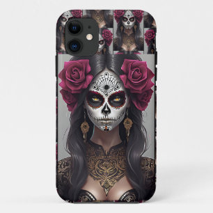 Funda Para iPhone 11 Arte de Cráneo de Azúcar - Rosas y Revelry