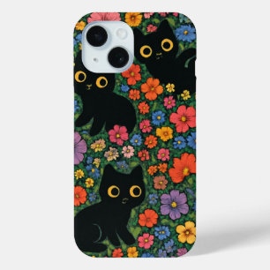 Funda Para iPhone 15 Arte de jardín Kawaii Patrón floral de gato negr