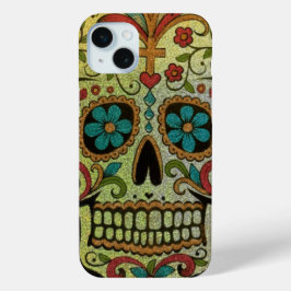 Funda Para iPhone 15 Mini Arte de la calavera del azúcar, Día de los Muertos