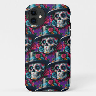 Funda Para iPhone 11 Arte de la calavera del azúcar - Rosas de gorro y