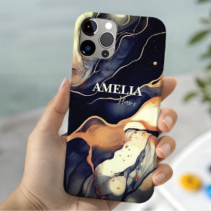 Funda Para iPhone 14 De Case-Mate Arte de mármol negro azul elegante con brillo dora