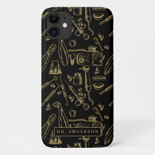 Funda Para iPhone 11 Arte de Odontología Patrón de Oro Monograma
