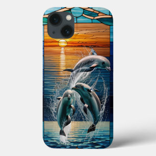 Funda Para iPhone 13 Arte de vidrio pintado con delfines juguetones