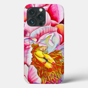 Funda Para iPhone 13 Pro Arte delicado al acuarela de peonía rosa