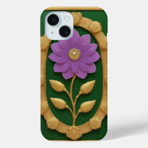 Funda Para iPhone 15 Arte elegante de una flor púrpura en marco dorado
