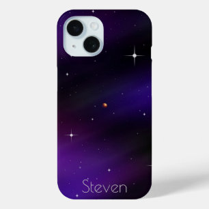 Funda Para iPhone 15 Arte espacial negro y púrpura con tu nombre
