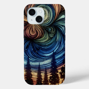 Funda Para iPhone 15 Arte Etéreo Místico con Árboles y Cielo Nocturno