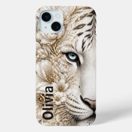 Funda Para iPhone 15 Mini Arte floral de tigre blanco con ojos azules