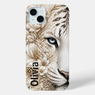 Funda Para iPhone 15 Mini Arte floral de tigre blanco con ojos azules