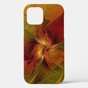 Funda Para iPhone 12 Arte floral fractal abstracto rojo naranja marrón 