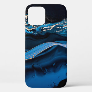 Funda Para iPhone 12 Arte fluido. Oro metálico líquido en azul abstract