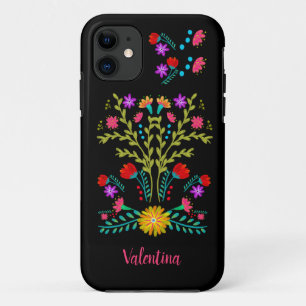 Funda Para iPhone 11 Arte Folclórico Fiesta Mexicana Flores Negro Perso