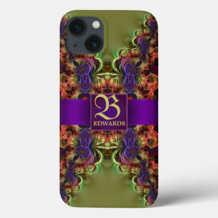 Funda Para iPhone 13 Arte fractal de encaje de bosque otoñal verde púrp