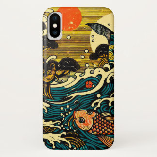 Funda Para iPhone X Arte japonés de bloque de madera con dos peces koi