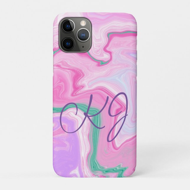 Funda De Case-Mate Para iPhone Arte Monogramado Rosa, Púrpura, Mint Green Marble (Reverso)