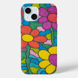Funda Para iPhone 15 Arte retro de flores hippie