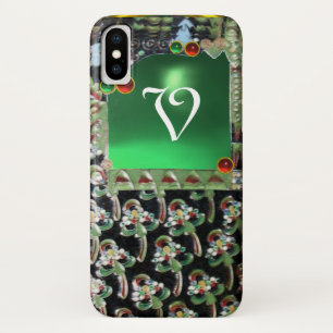 Funda Para iPhone X ARTE VERDE NEGRO NOUVEAU GEMSTONE MONOGRAM Emerald