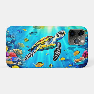 Funda Para iPhone 11 Pro Arte vibrante de arrecife de tortuga marina