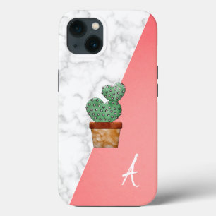 Funda Para iPhone 13 Asombroso, Guay, Mármol Blanco, Cactus, Monograma