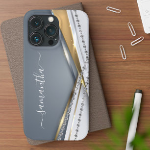 Funda Para iPhone 13 Aspecto 3D metalizado Caligrafía Monograma dorado 
